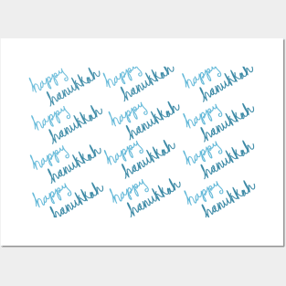 Happy Hanukkah Blue Script Lettering Pattern, made by EndlessEmporium Posters and Art